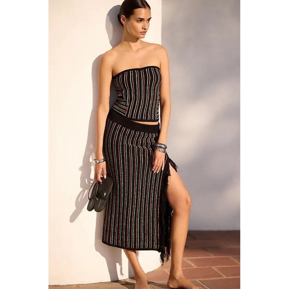 Anthropologie Black Multicolor Strapless Midi Skirt